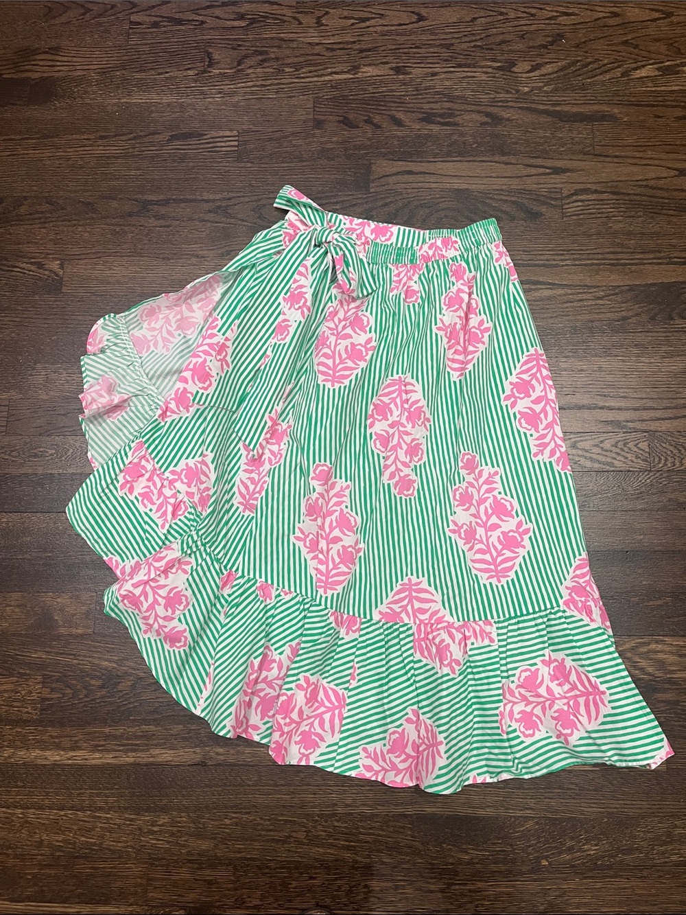 J. Crew Green Striped Maxi Skirt with Pink Floral Motif
